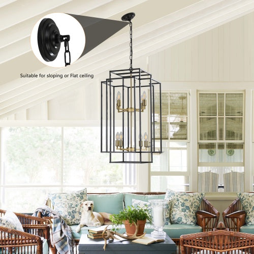 8-Light Black & Gold Lantern Chandelier – Industrial Farmhouse Tiered Ceiling Light