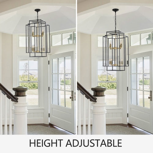 8-Light Black & Gold Lantern Chandelier – Industrial Farmhouse Tiered Ceiling Light