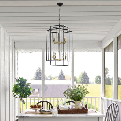 8-Light Black & Gold Lantern Chandelier – Industrial Farmhouse Tiered Ceiling Light