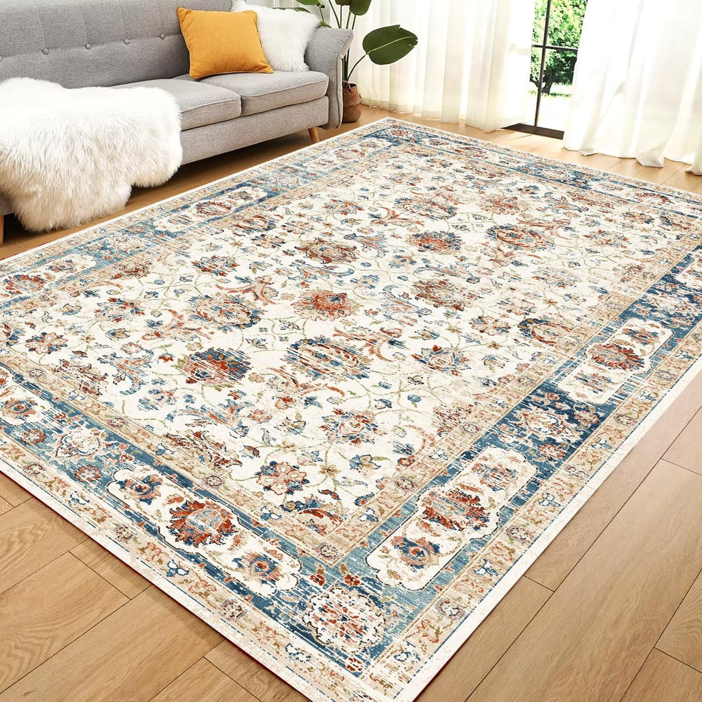 8x10 Vintage Boho Washable Area Rug – Beige Distressed Non-Slip Living Room Carpet