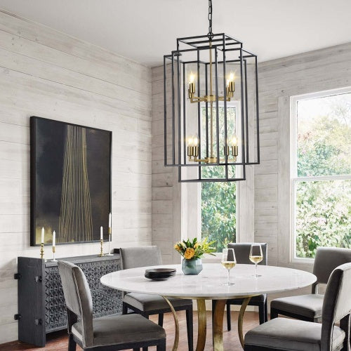 8-Light Black & Gold Lantern Chandelier – Industrial Farmhouse Tiered Ceiling Light