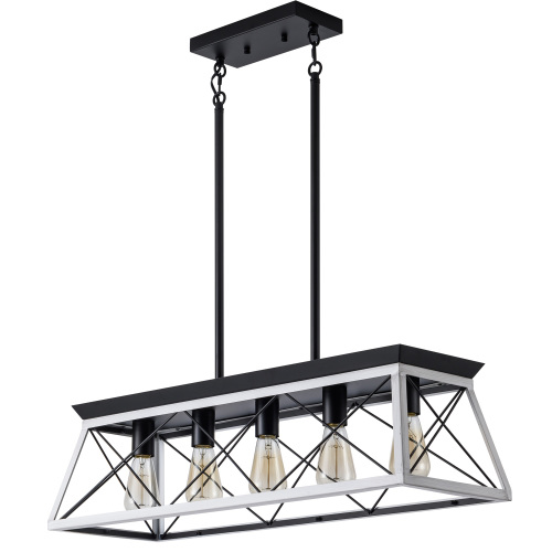 5-Light Farmhouse Chandelier – White & Black Rustic Kitchen Island Pendant Light