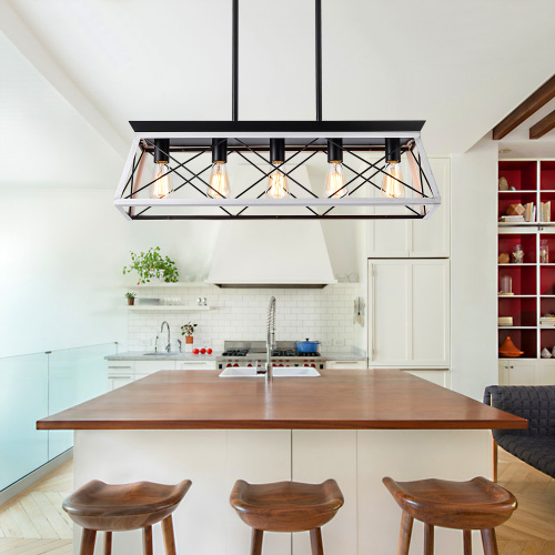 5-Light Farmhouse Chandelier – White & Black Rustic Kitchen Island Pendant Light