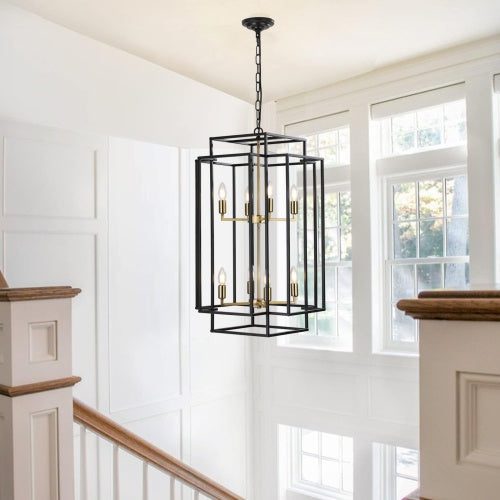 8-Light Black & Gold Lantern Chandelier – Industrial Farmhouse Tiered Ceiling Light