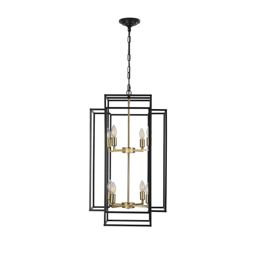 8-Light Black & Gold Lantern Chandelier – Industrial Farmhouse Tiered Ceiling Light