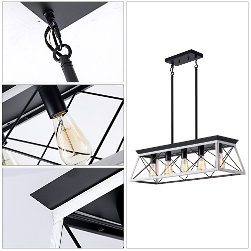 5-Light Farmhouse Chandelier – White & Black Rustic Kitchen Island Pendant Light