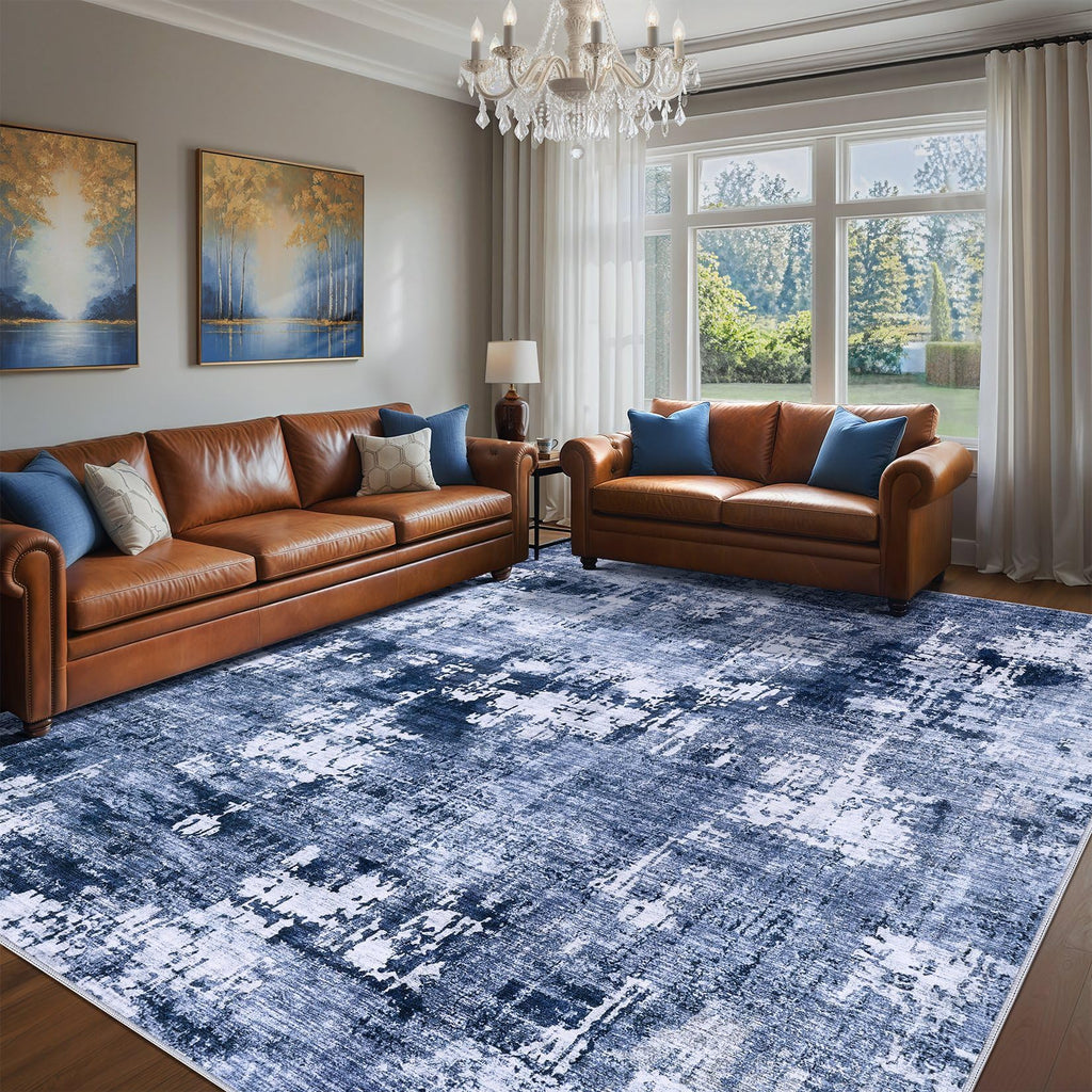 8x10 Modern Abstract Washable Area Rug – Blue Contemporary Soft Carpet