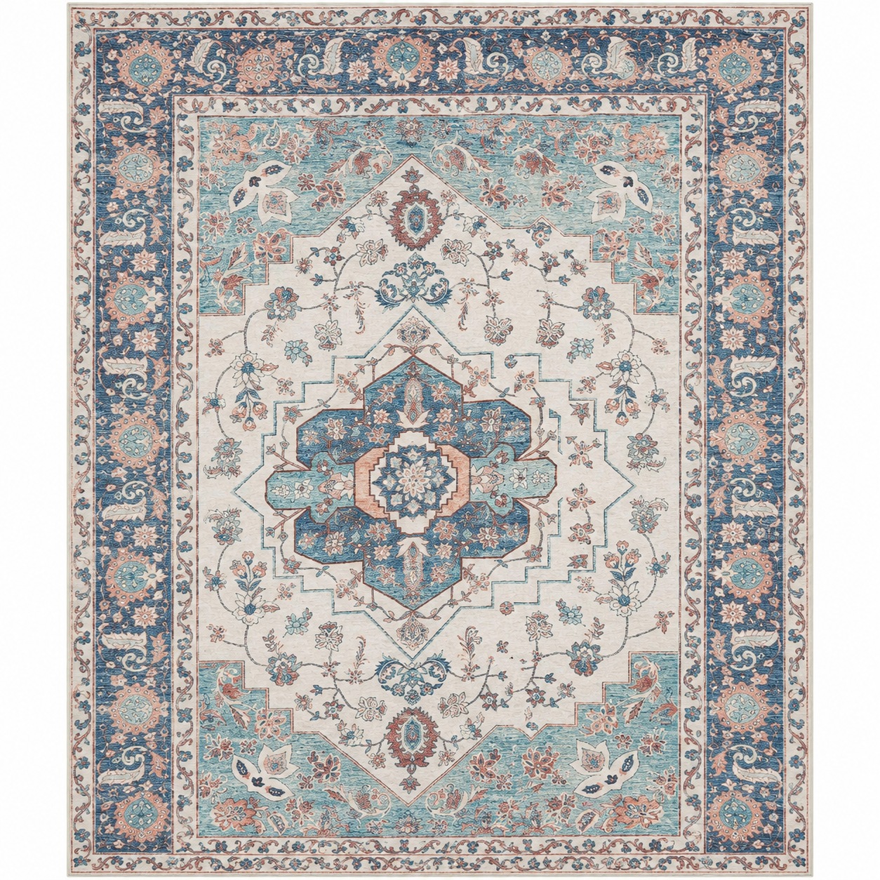 8x10 Vintage Washable Area Rug – Blue Gray Distressed Non-Slip Living Room Carpet