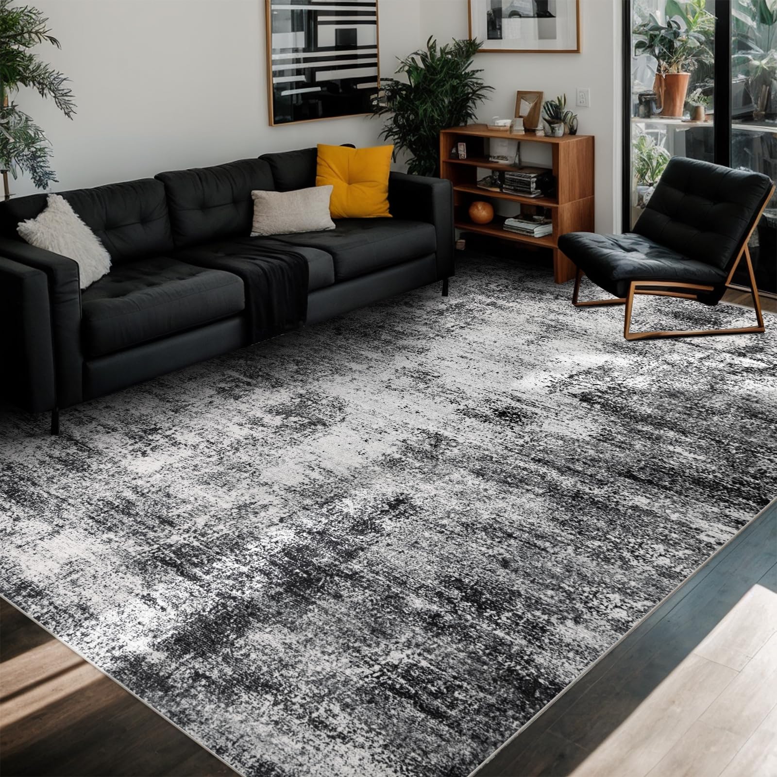 8x10 Modern Abstract Washable Area Rug – Black Soft Non-Slip Carpet
