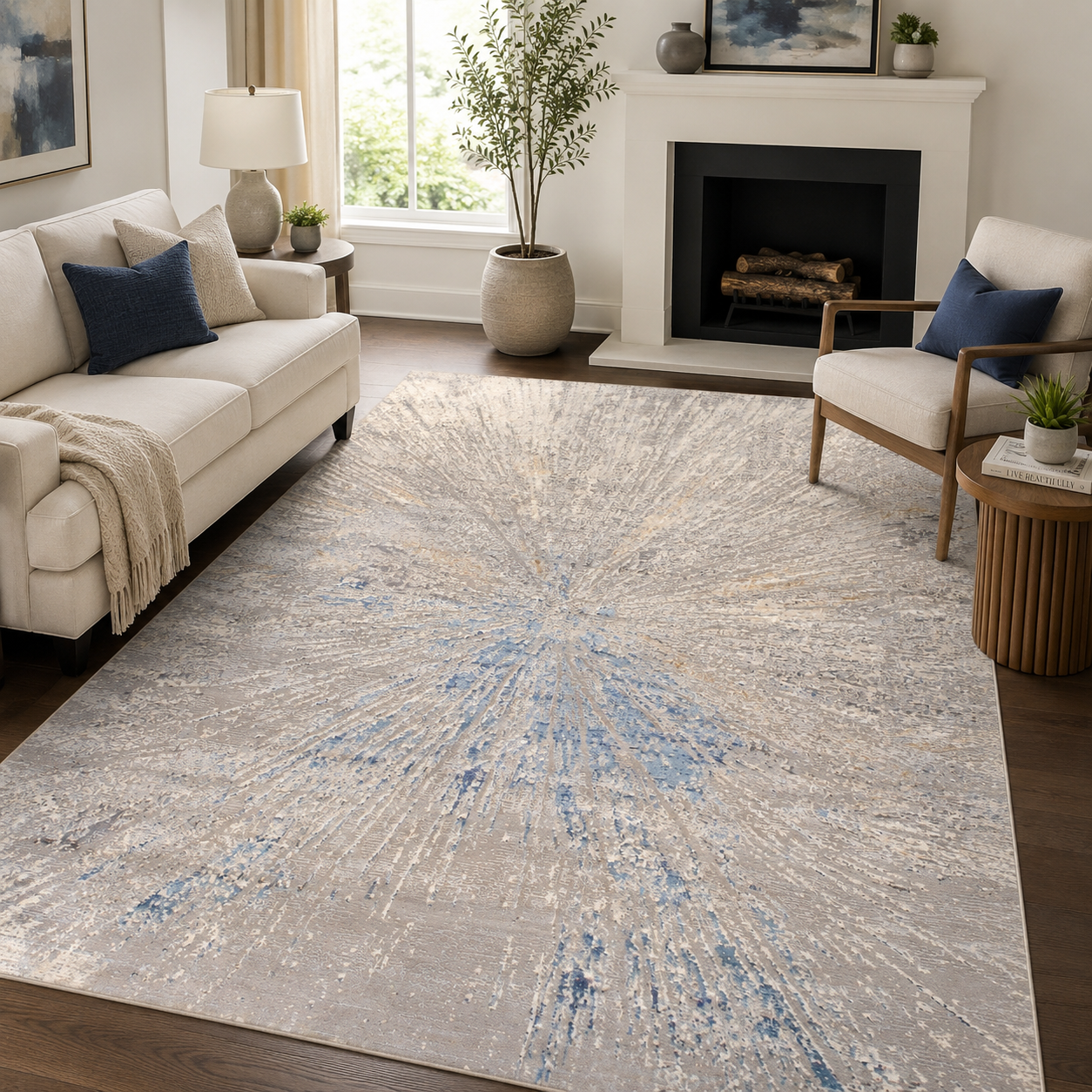 Modern 8x10 Power Loom Area Rug – Ivory Blue Abstract Living Room Rug