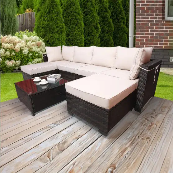 Outdoor Garden Patio Furniture – 7-Piece Rattan Sofa Set with Coffee Table