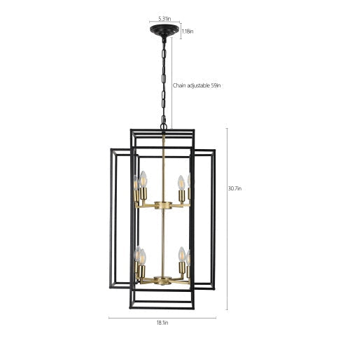 8-Light Black & Gold Lantern Chandelier – Industrial Farmhouse Tiered Ceiling Light