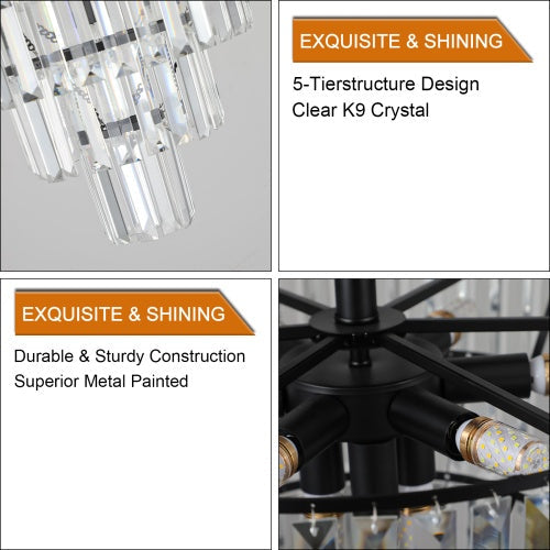 10-Light Black Crystal Chandelier – Modern Luxury Tiered Ceiling Light