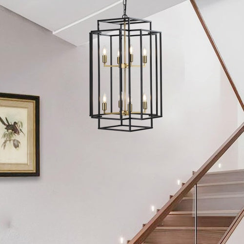 8-Light Black & Gold Lantern Chandelier – Industrial Farmhouse Tiered Ceiling Light