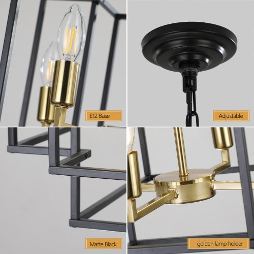 8-Light Black & Gold Lantern Chandelier – Industrial Farmhouse Tiered Ceiling Light