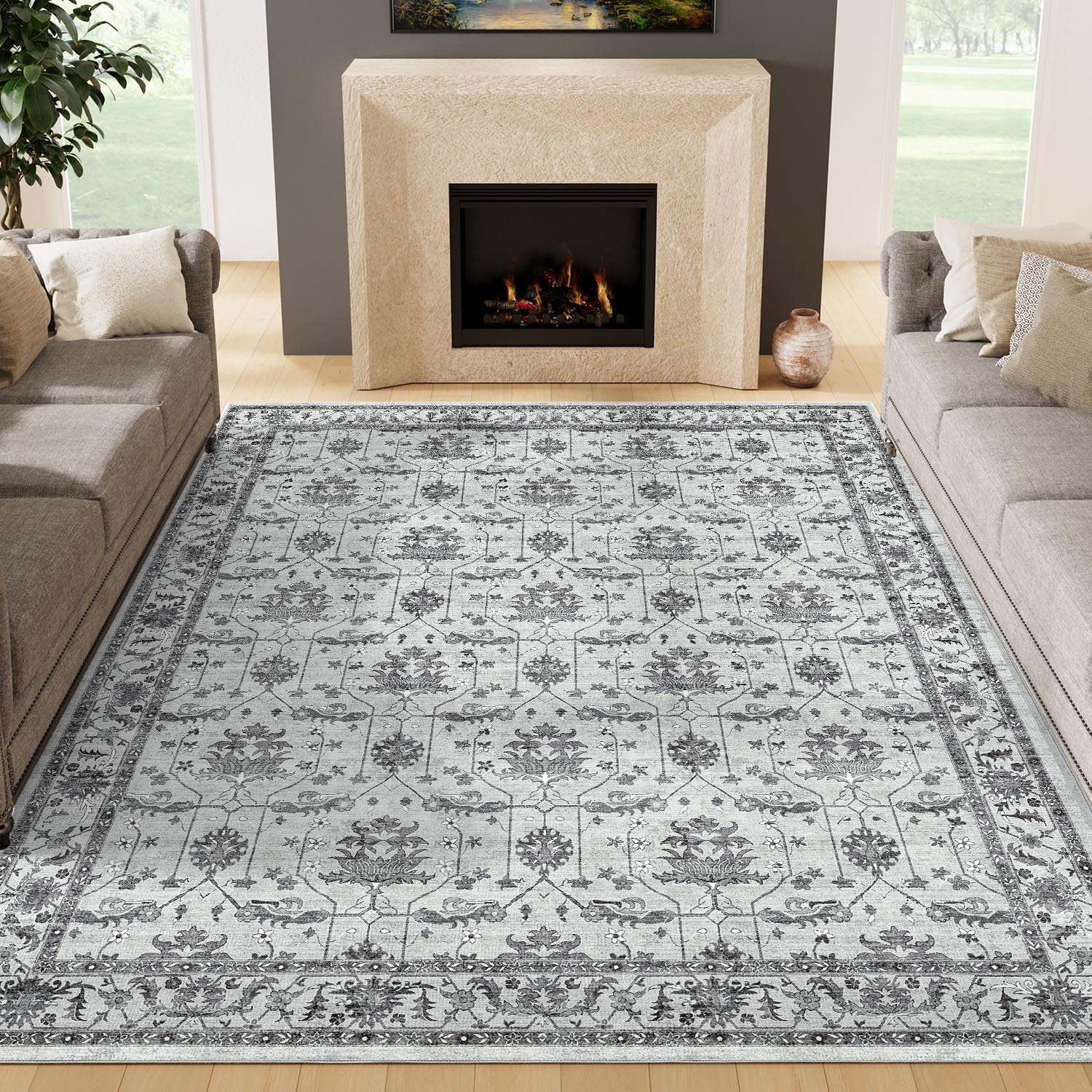 jinchan 8×10 Washable Vintage Floral Area Rug – Grey Boho Non-Slip Accent Rug