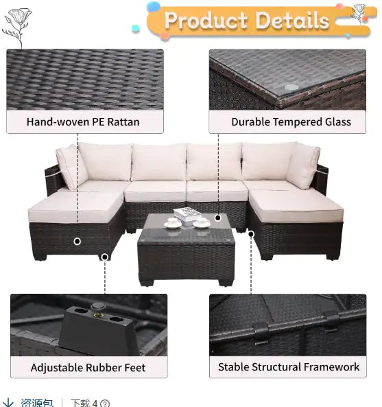 Outdoor Garden Patio Furniture – 7-Piece Rattan Sofa Set with Coffee Table