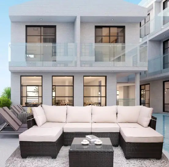 Outdoor Garden Patio Furniture – 7-Piece Rattan Sofa Set with Coffee Table