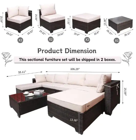 Outdoor Garden Patio Furniture – 7-Piece Rattan Sofa Set with Coffee Table